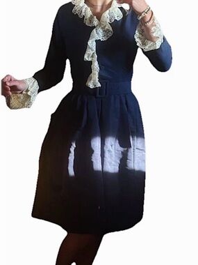 True Vintage 1950s Saks Fifth Avenue Navy Lace Fit & Flare Dress Belted XS/S